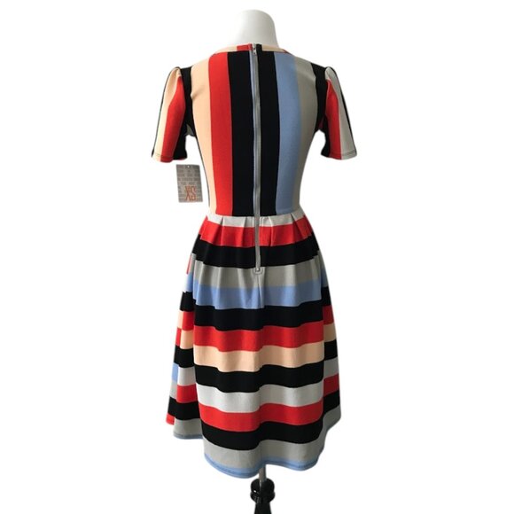 NWT Lularoe Amelia Dress XS – Striped Fit & Flare w/ Pockets & Back Zip Dopamine - Picture 2 of 7